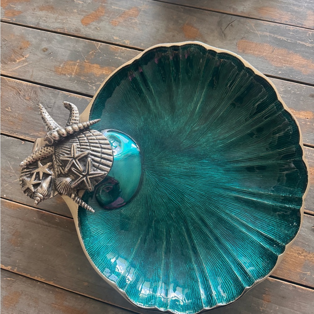 Teal Seashell Decorative Bowl with Starfish Accent